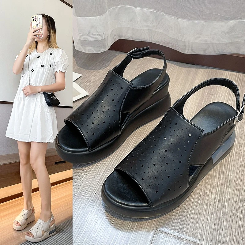 Женские сандалии на танкетке летние с перфорацией повседневная обувь в стиле