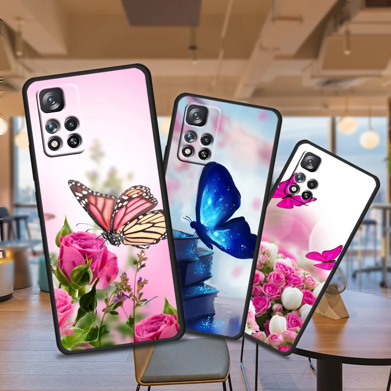 

Flower butterfly for Xiaomi Redmi Note 11 10 11T 10S 9 9S 8 7 5G 4G Soft Black Phone Case Fundas Coque Capa Cover