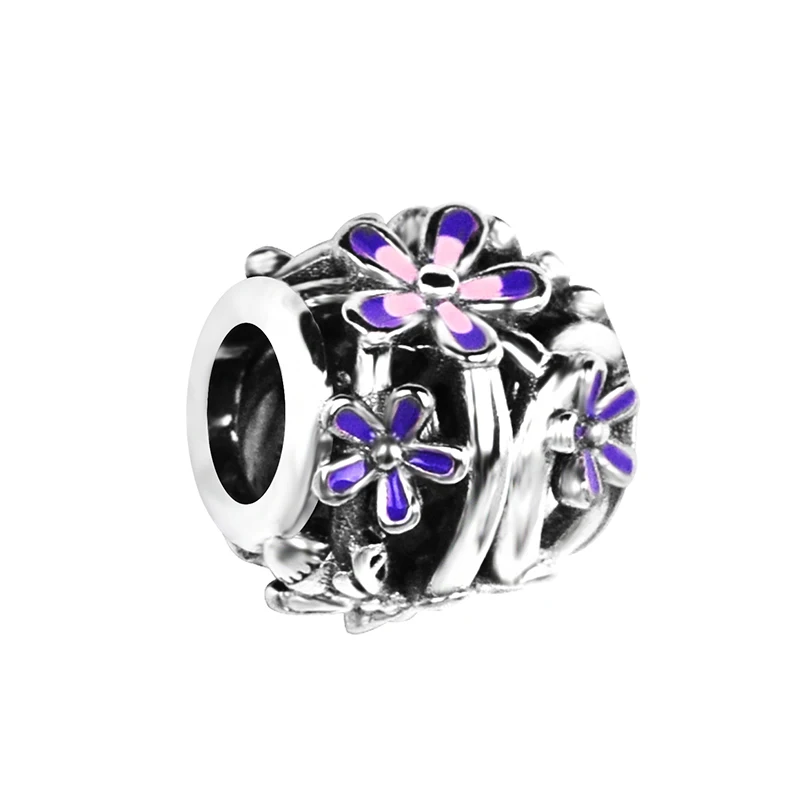 

925 Sterling Silver Bead Garden Openwork Purple Daisy Charm Comfortable to Wear Fit Original Pandora Bracelet Women Jewelry Gift