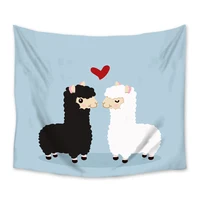 Black White Alpaca Love Cartoon Tapestry Polyester Home Decor Wall Hanging Tapestry Yoga Mat Beach Towel For Living Room Bedroom