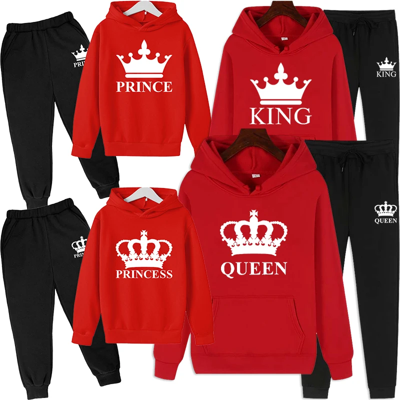 King Queen Print Family Matching Hooded Set Father Mother Daughter Son Clothing 2022 Brand Cotton Tracksuit Set Sportwear