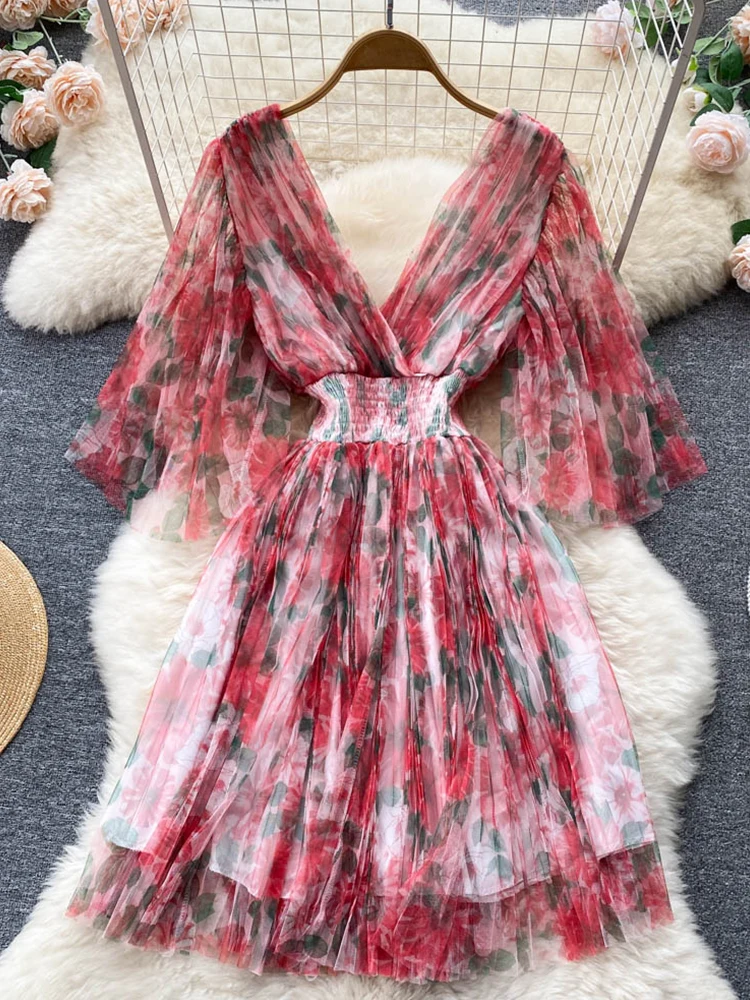 

Fitaylor Spring Summer Women Floral Print V Neck Mesh High Waist A-line Dress Retro Female Elastic Loose Backless Tulle Dresses