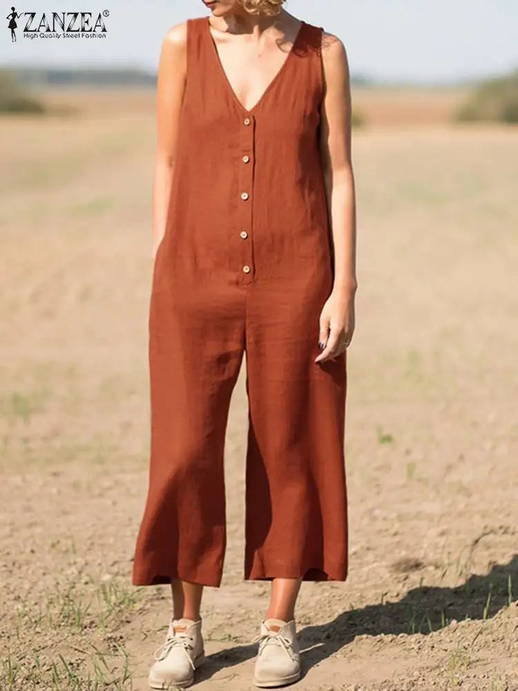 

ZANZEA Elegant Summer V Neck Sleeveless Jumpsuits Women Casual OL Work Overalls Solid Loose Cotton Playsuits Wide Leg Rompers