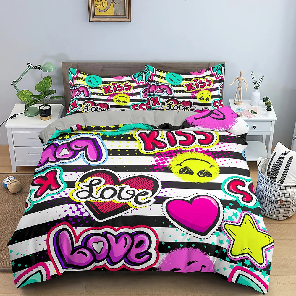 

Pink Heart Print Bedding Set For Adults Girls Polyester With Pillowcase Soft Breathable Quilt Cover Queen King Sizes Duvet Cover