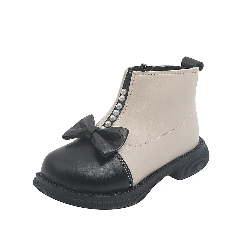 

2022 Low Heel Platform Children Shoes Girls Nice Beaded Little Girl Short Boots Velvet Winter Princess Kids Martin Boots Bow