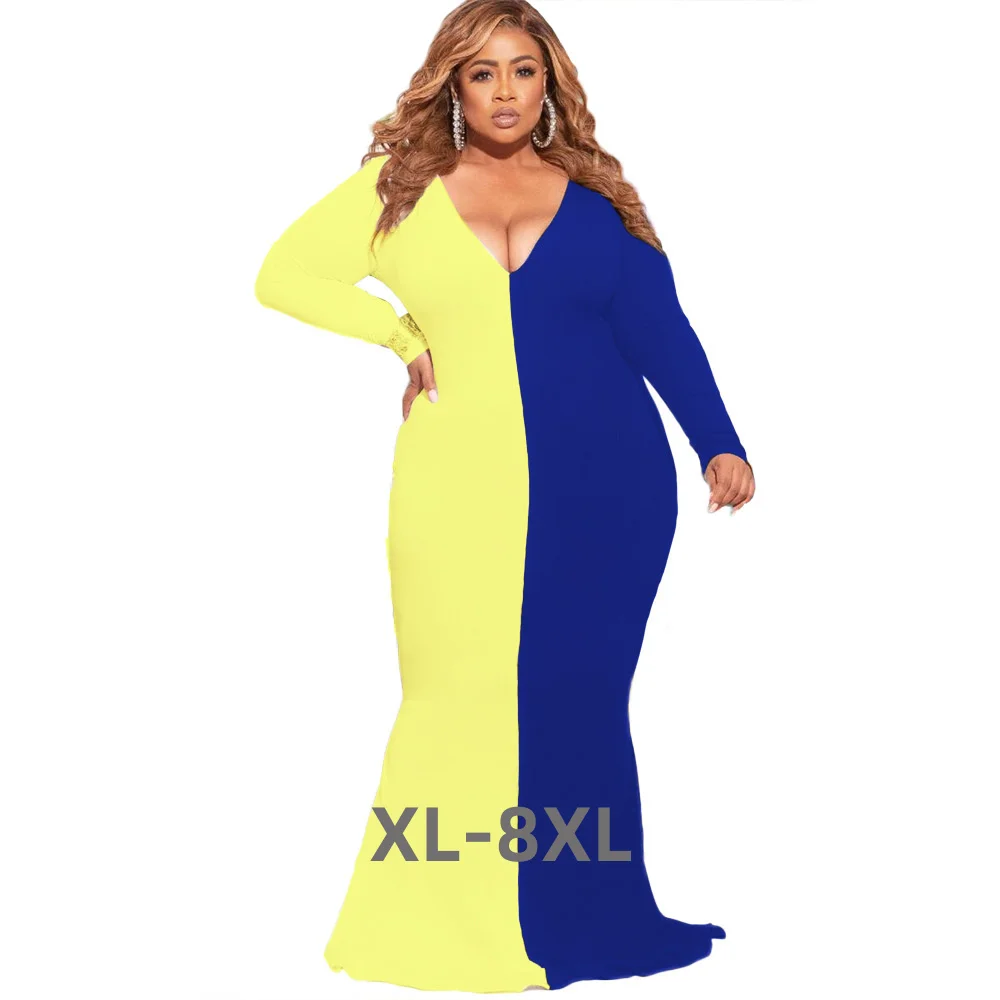 Plus Size Women's Slim Sexy v Neck Long Sleeves Color Blocking Floor Length Casual Dresses Wholesal 3xl 4xl 5xl 6xl