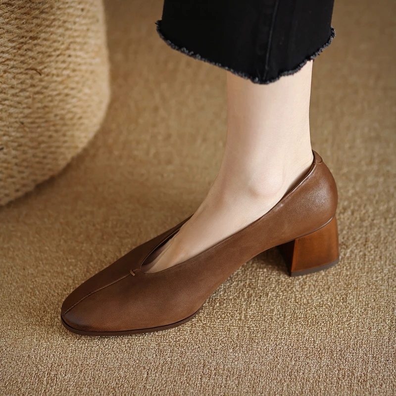 

2023 new Spring women pumps natural leather 22-24.5cm sheepskin+pigskin full leather round toe Retro simplicity women shoes