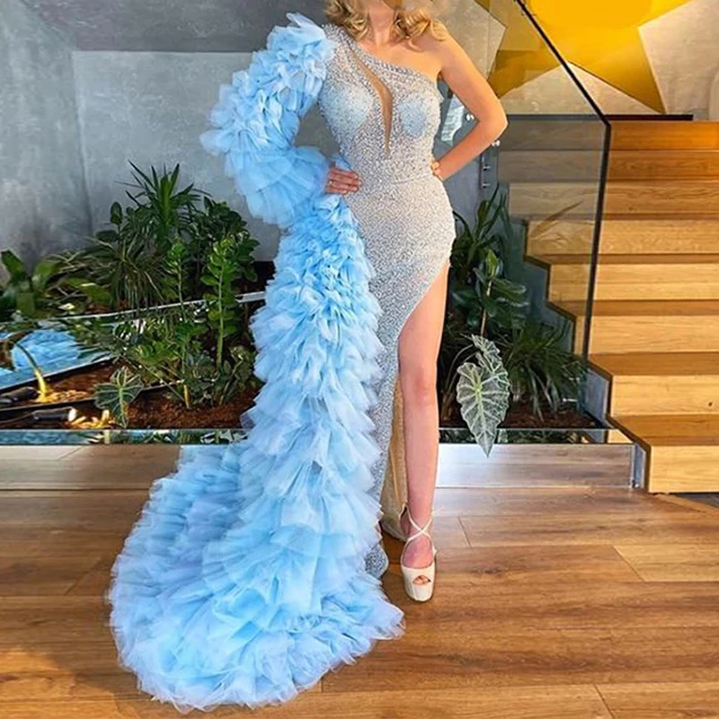 

2022 Sexy Prom Dresses One Shoulder Ruffles High Split Sequins Prom Dress Sparkly Evening Gown Vestido Fiesta Noche