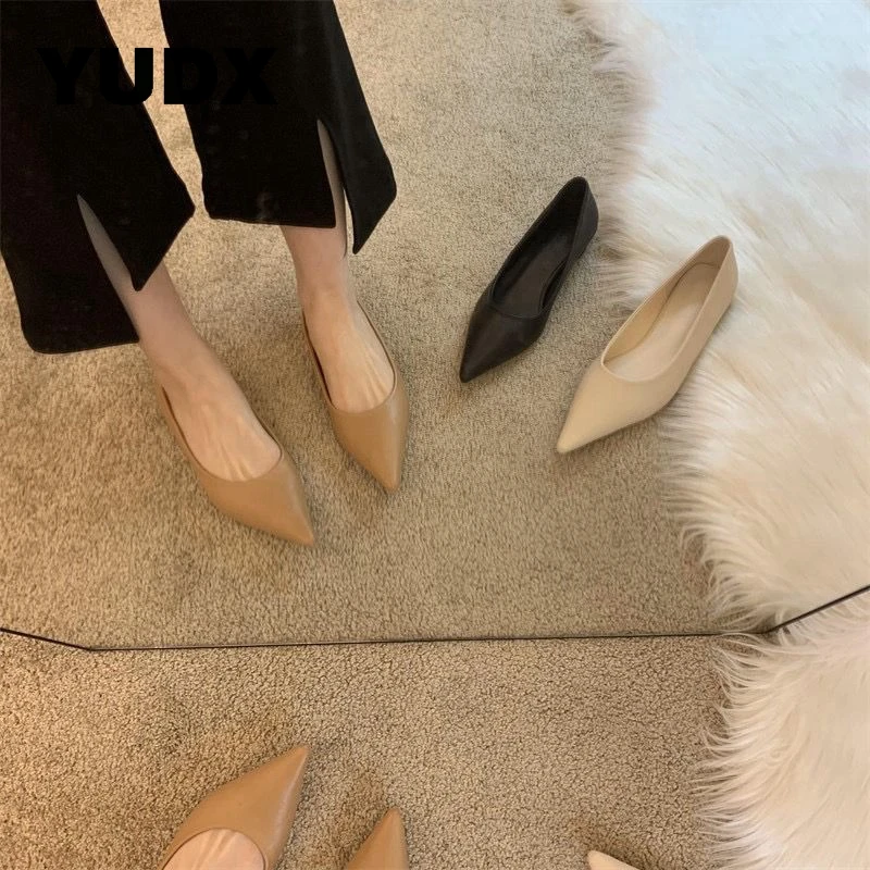 

Женские туфли-лодочки на низком каблуке, с острым носком, из кожи