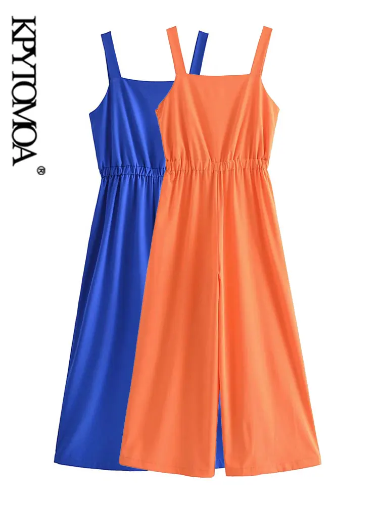 

KPYTOMOA Women Fashion With Elastic Waist Loose Jumpsuits Vintage Backless Side Zipper Straps Female Playsuits Mujer
