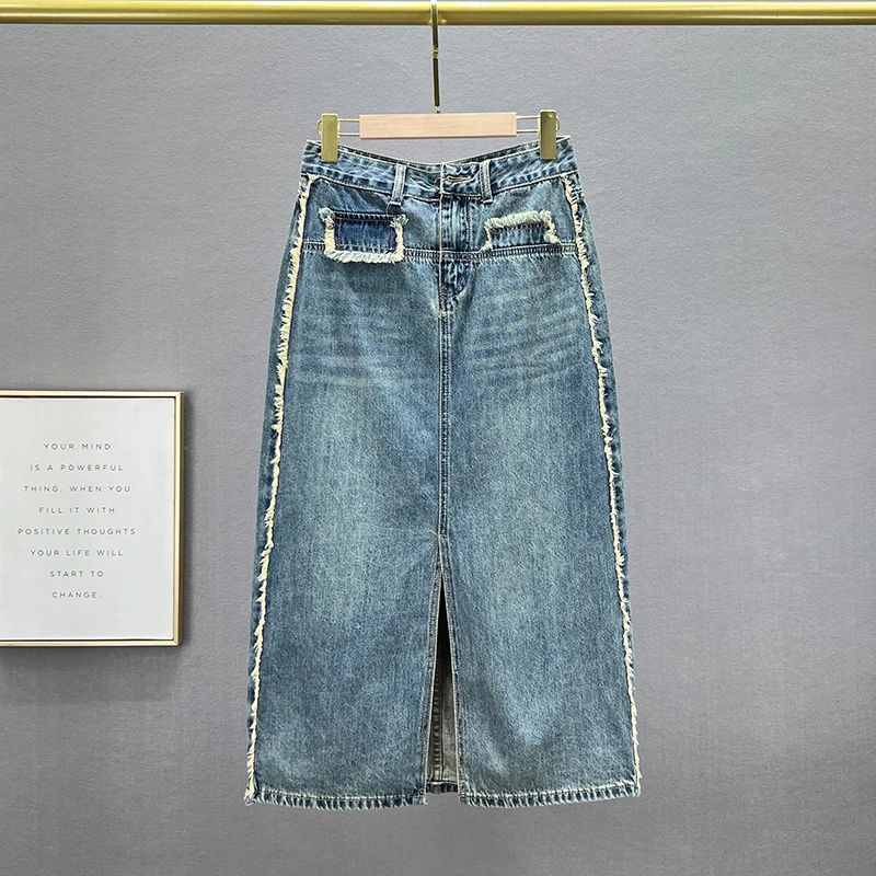 

Джинсовая юбка средней длины для женщин, новинка весны-лета 2023, свободные джинсовые юбки с высокой талией и разрезом, облегающая эластичная Офисная Женская юбка