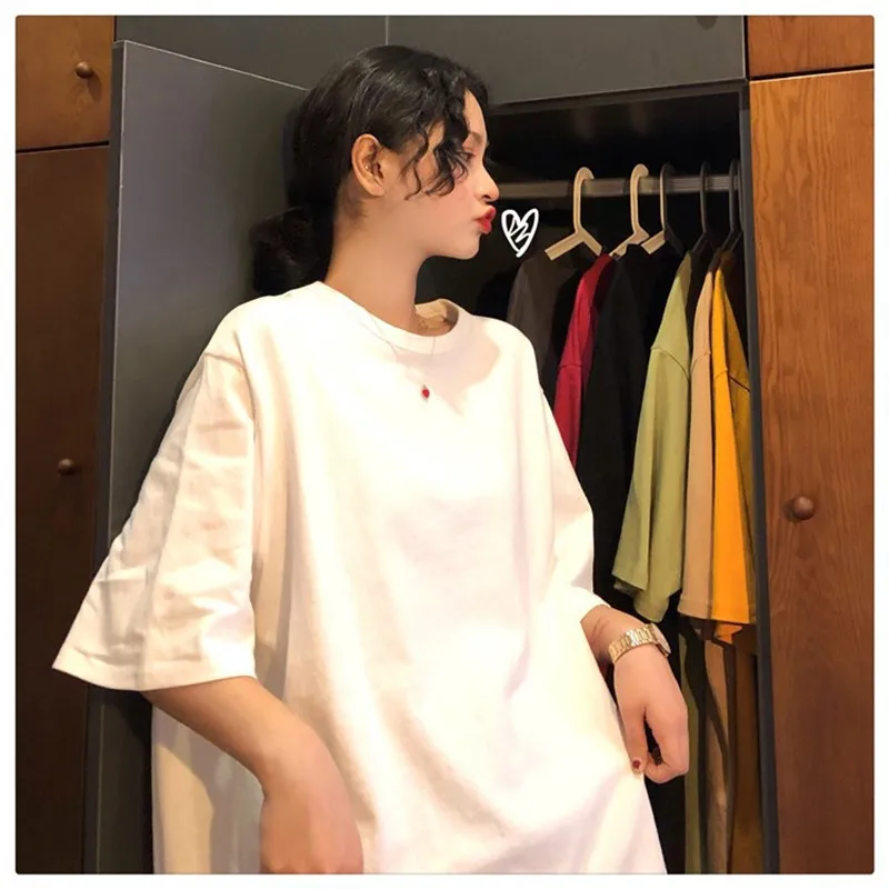 

Oversized Tee Shirt 7 Solid Color Basic T-shirts Women Casual Harajuku Summer Long White Black Tops Korean Hipster White T Shirt
