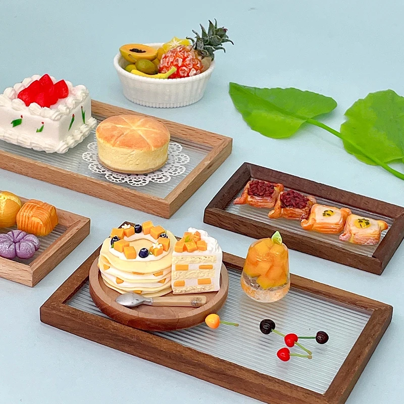 

1Pc 1:12 Dollhouse Miniature Transparent Tray Dessert Bread Cake Tray Food Plate Kitchen Model Decor Toy