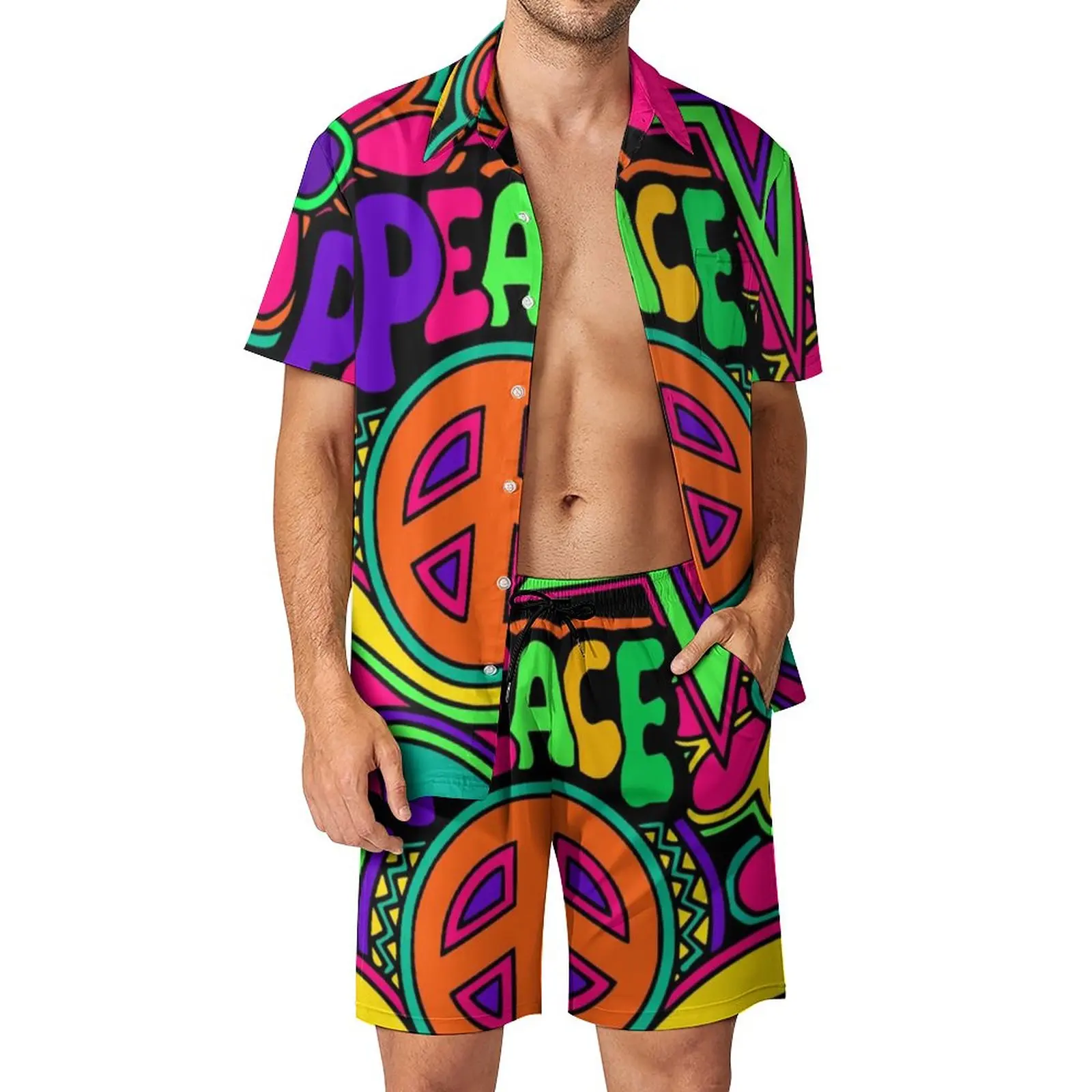 

Pretty Pink Peace Men Sets Colorful Hippy Design Trending Casual Shirt Set Short Sleeves Graphic Shorts Vacation Suit Plus Size