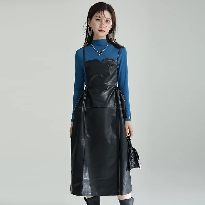 

PU Suspender Skirt Dress Autumn Empire Women Dark Three-dimensional Pullover Wavy Collar Mid-length Personalized Street Camisole