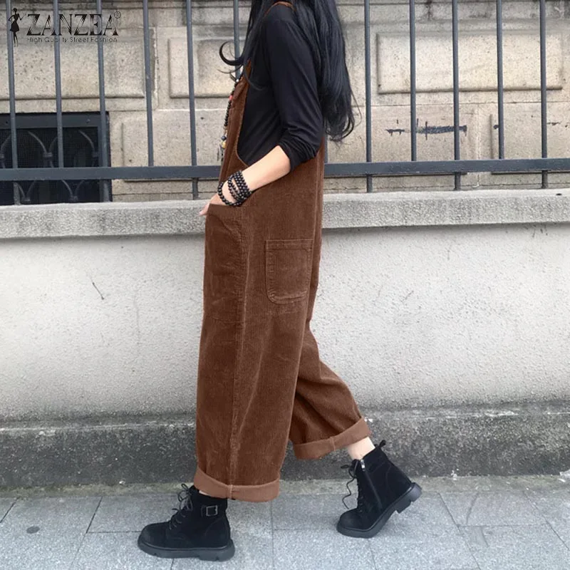 Vintage Corduroy Jumpsuits Women's Autumn Pants 2023 ZANZEA Casual Suspender Wide Leg Playsuits  Rompers Trousers