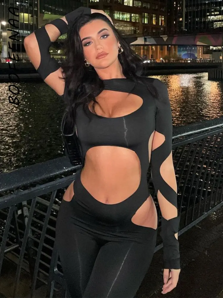 

BOOFEENAA Cut Out Bandage Long Sleeve Jumpsuit Black Sexy Nightclub Fall One Piece Outfits for Women 2023 Baddie Clothes C16CI27
