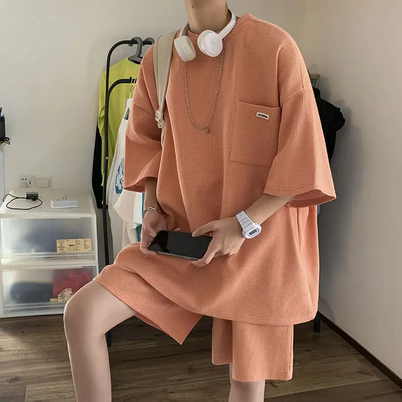 

EBAIHUI Men's Summer Suits Waffle Pocket 5-point Sleeve T-shirt Straight Wide Leg Shorts Couple Sets Oversize Casual Plus Size