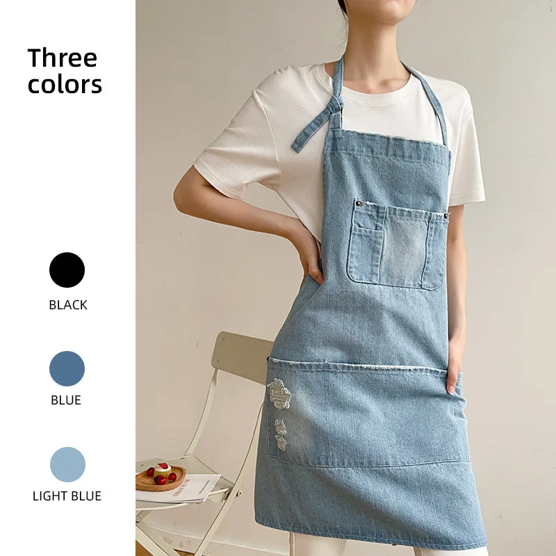 

Black Blue Denim Simple Aprons Uniform Unisex Jeans Aprons Men Lady Chef Kitchen Cooking Apron Beauty Nails Cafe Uniform