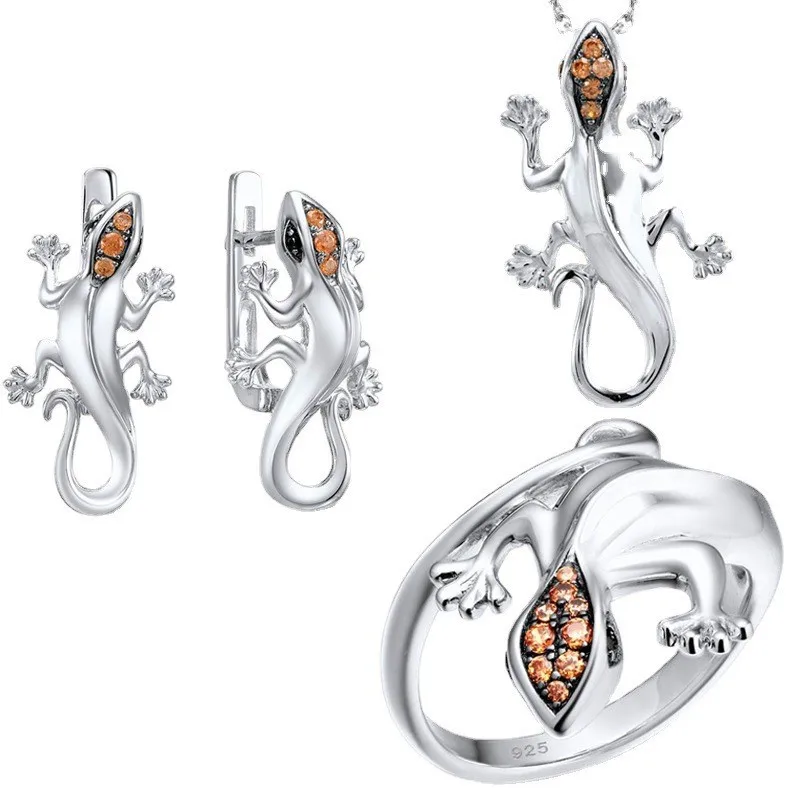 

Unique Punk Lizard Jewelry Set for Women Gecko Champagne Zircon Ring Earrings Pendant Necklace Cocktail Party Jewelry Set