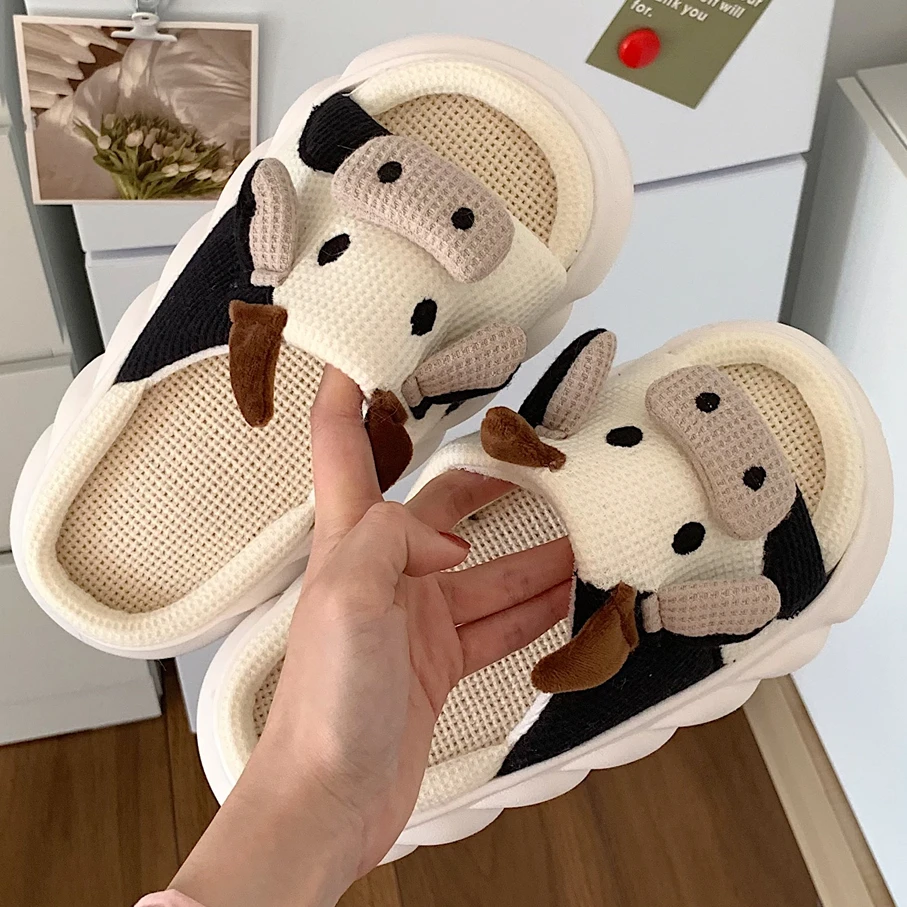 Female Cute Cow Slippers Couple Non-Slip Home Indoor Linen Slippers Thick Bottom Outdoor Cloud Slippers Slides Chaussures