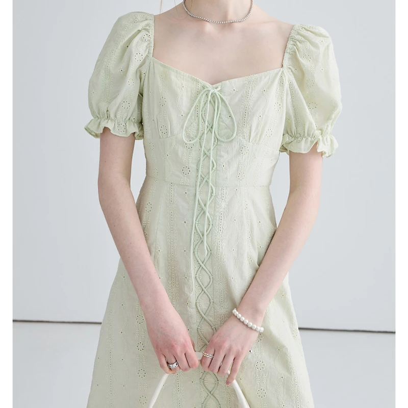 

Korean Woman Sweet Dress French New Fashion Puff Sleeve Square Collar Vintage Cute Chic Female Dress