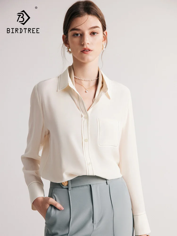 

Birdtree, 100% шелк тутового шелкопряда, крепдешин, рубашки, однобортная блузка с нагрудным карманом, 2023, весенне-летние офисные топы, T37653QC