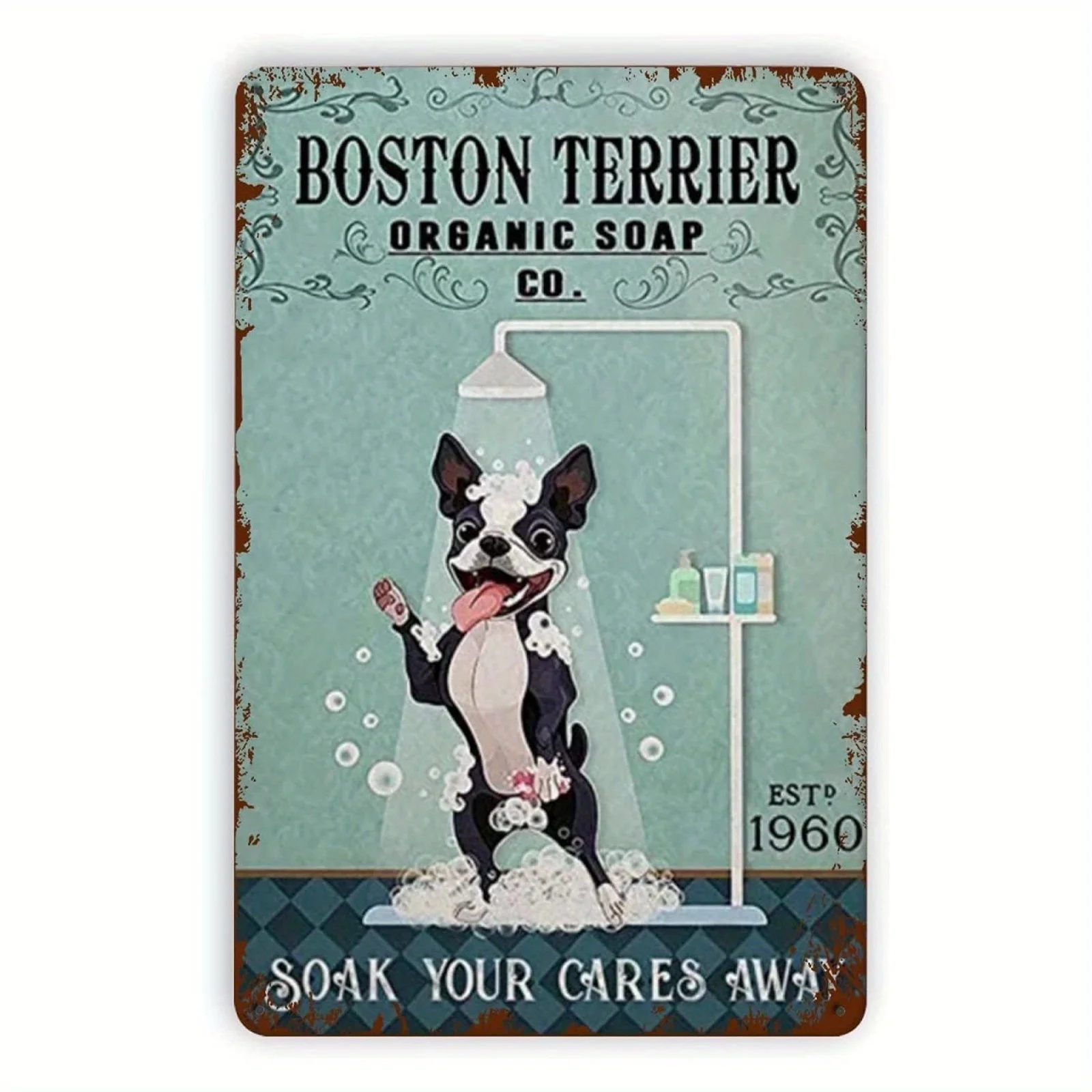 

Terrier Metal Tin Sign Organic Soap Soak Your Cares Away Retro Iron Painting Husky For Home Bathroom Bar Cafe Outdoor Wall