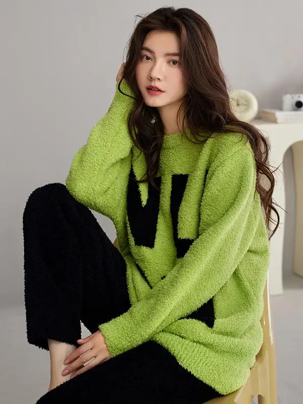 Фланелевые пижамы женские осенне-зимние полубархатные утолщенные флисовые