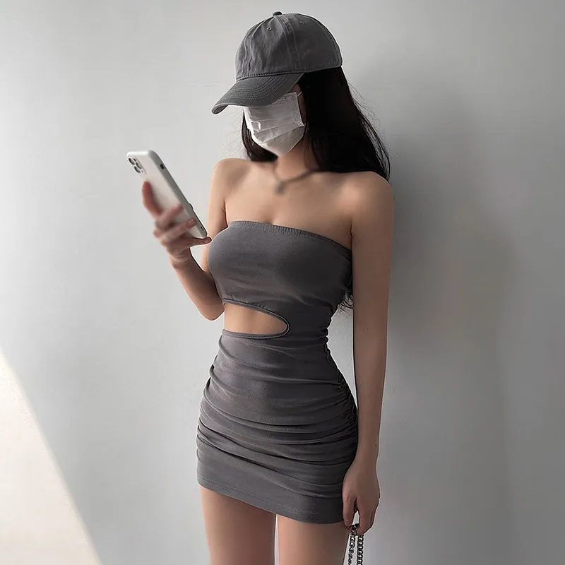 

Women's Dress Sexy Slash Neck Tube Chest Dress SlimSolid Color Hollow Out Dropped Waist Fashion Bottoming Mini Dress