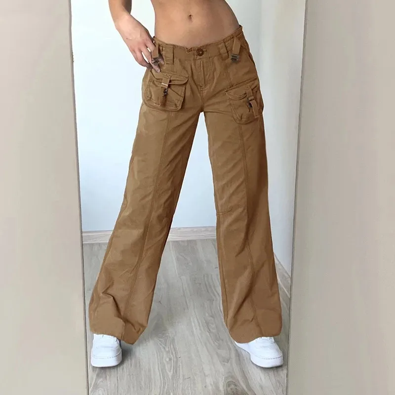 

Jeans Woman Brown Khaki Pockets Wide Leg Straight Jeans Women Solid Casual Oversized Baggy Denim Pants Mom Street Cargo Pants
