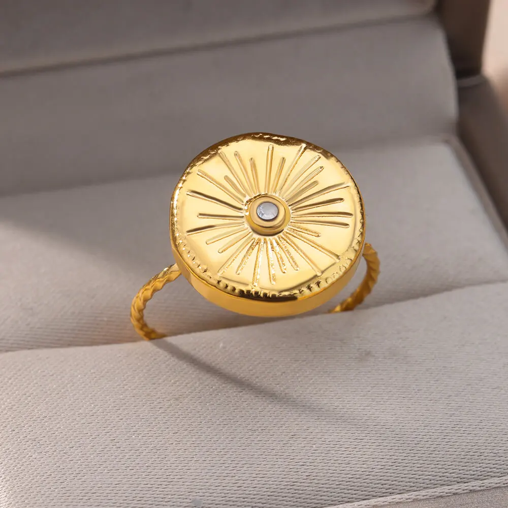 

Gold Color Sun Flower Ring For Women Stainless Steel Adjustable Round Coin Finger Rings Trendy Party Jewelry Bijoux Femme Bague