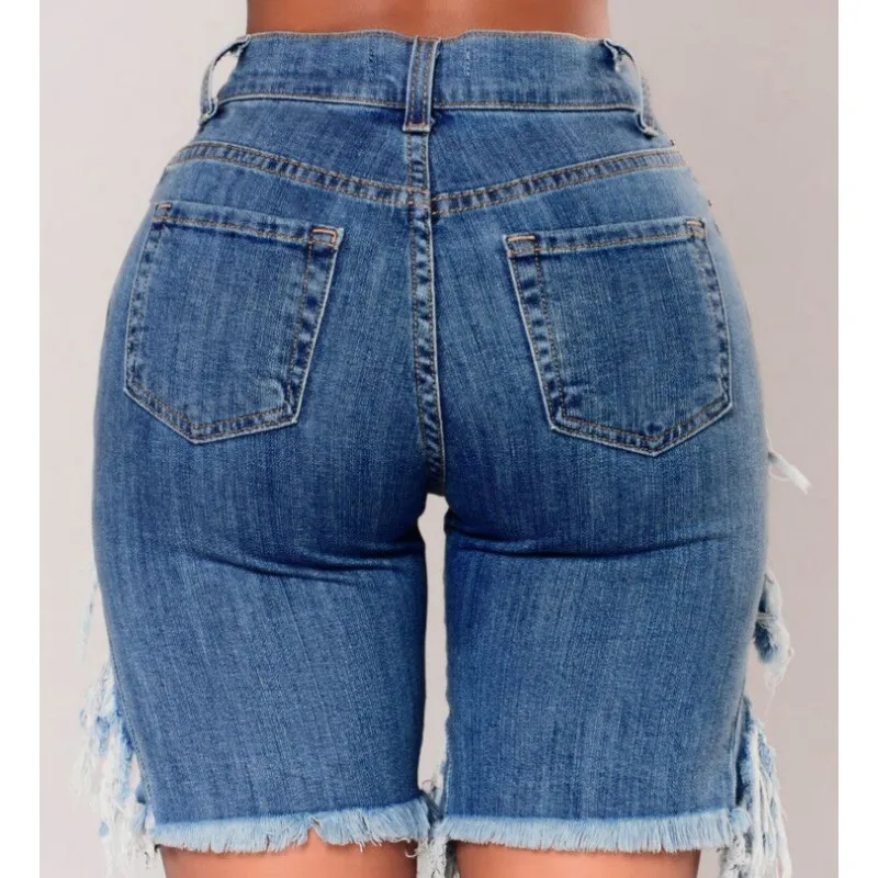 Women Denim Ripped Shorts High Waist Draped Destroyed Stretch Bodycon Pencil Slim Shorts Club Street Summer Sexy Holes Shorts