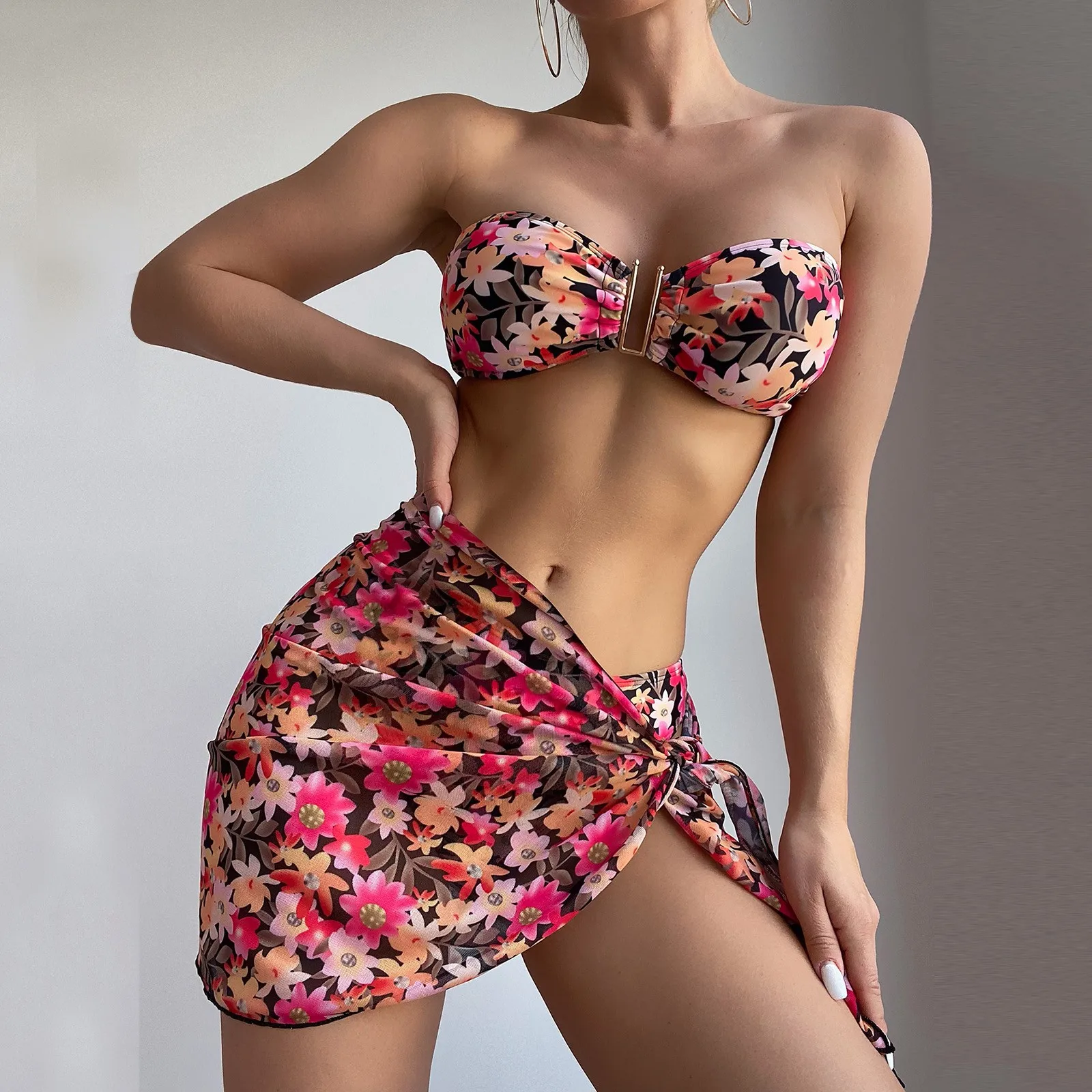

2023 Women's Split Swimsuit Flower Swimsuit Bikini Suit Swimsuit Three Piece Suit One Shoulder Swim Top