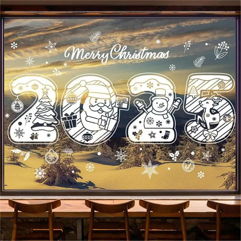 2025 Merry Christmas Electrostatic Window Sticker Happy New Year Shopping Mall Santa Claus Snowflake Decal
