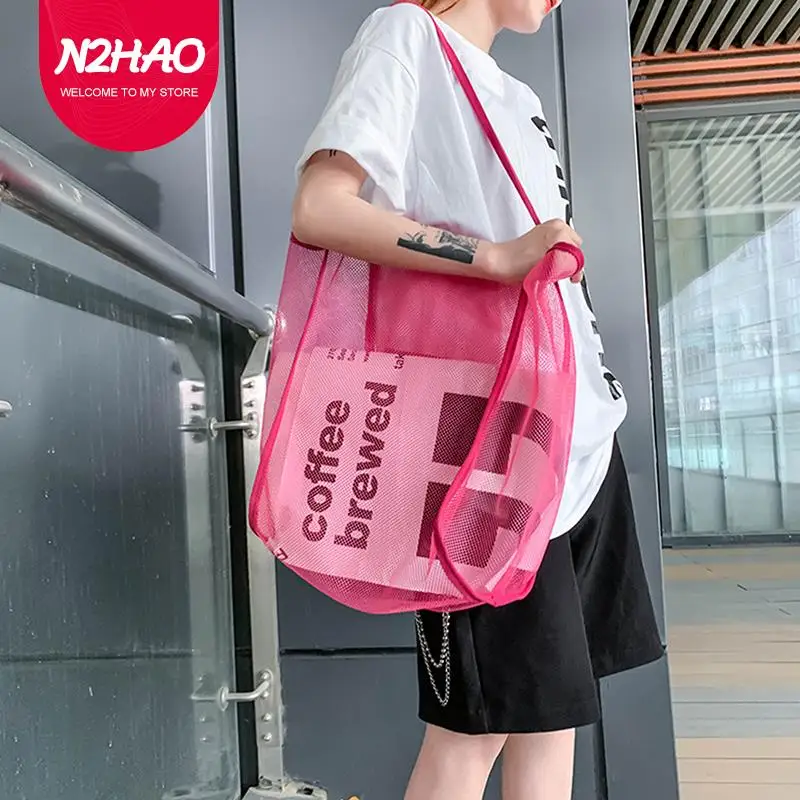 

Transparent Mesh INS Shoulder Bag Fashion Lightweight All-match Shopping Bag Travel Tote Bag Personalized Rapper Fashion Satchel
