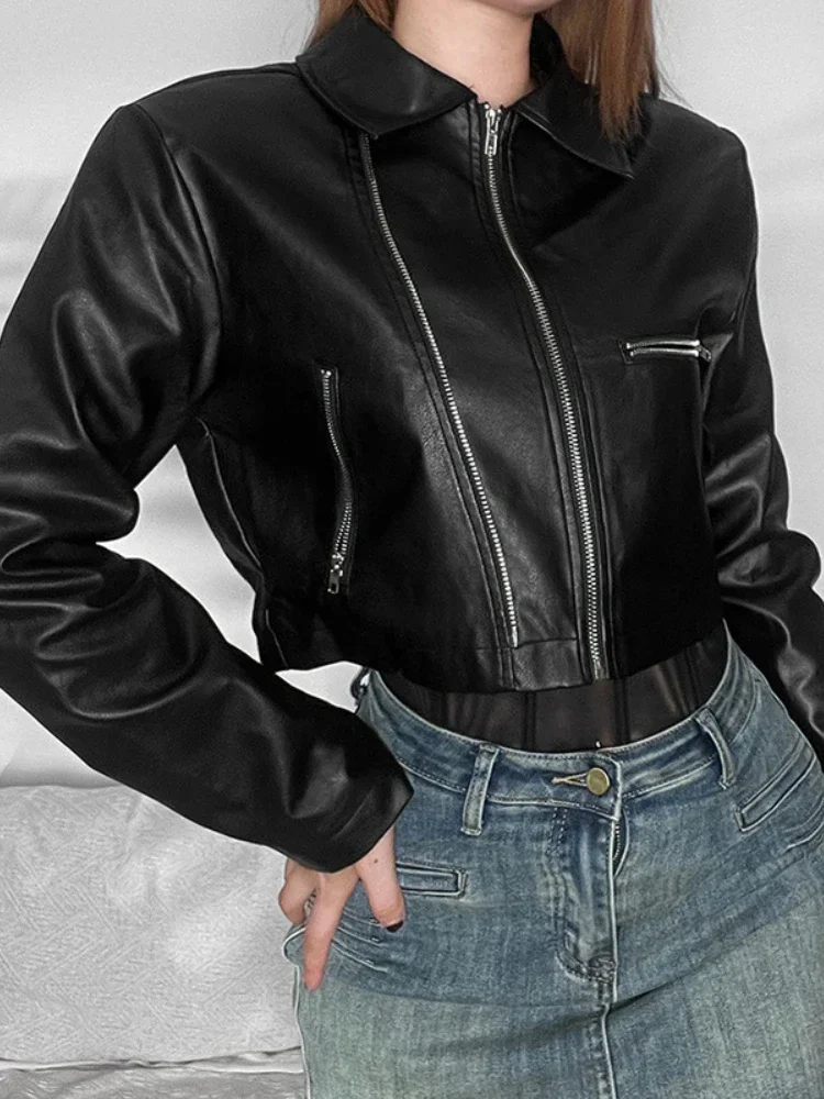 

FTLZZ Новинка весна осень высокая уличная мотоциклетная куртка из искусственной кожи женская модная повседневная короткая куртка с отложным воротником на молнии из искусственной кожи