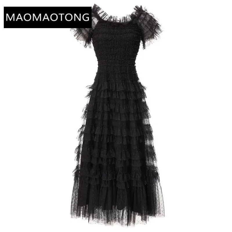 

Женское Сетчатое платье с коротким рукавом, модельное Элегантное Черное длинное платье в горошек с квадратным вырезом и каскадными оборками, лето