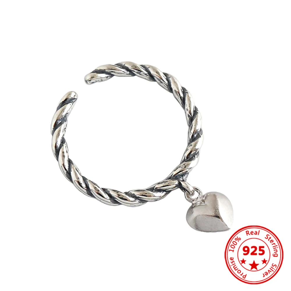 

100% S925 Sterling Silver Female Ring Minimalist Retro Style Brushed Love Twist-shaped Open Wild Fashion Accessories
