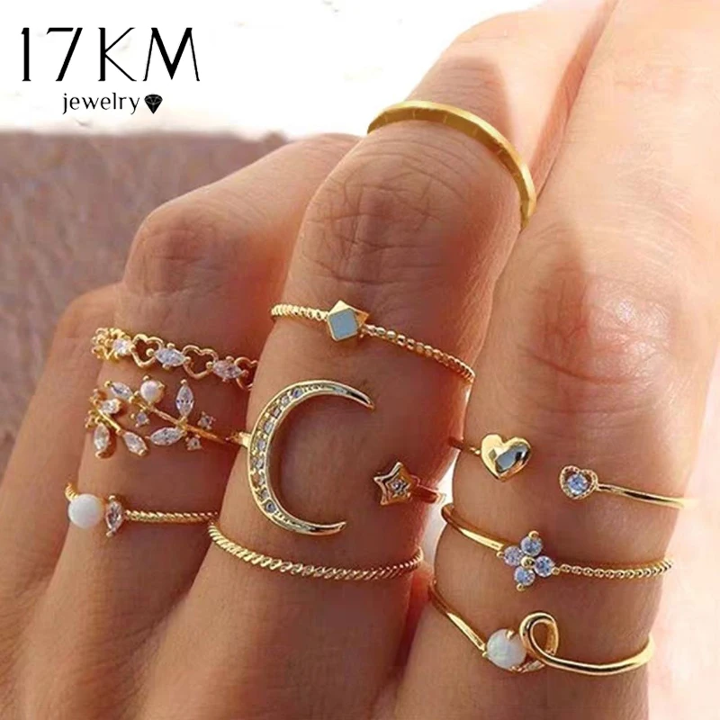 

Женские кольца в богемном стиле, винтажные кольца 17 км, 10 шт., с геометрическим рисунком, луной, звездой, жемчугом, модные аксессуары