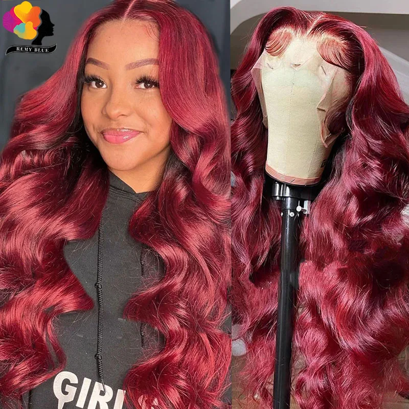 

99J Burgundy Body Wave Lace Front Wig 180 Density Red Colored Human Hair Lace Frontal Wigs Pre Plucked Brazilian Curly Lace Wigs