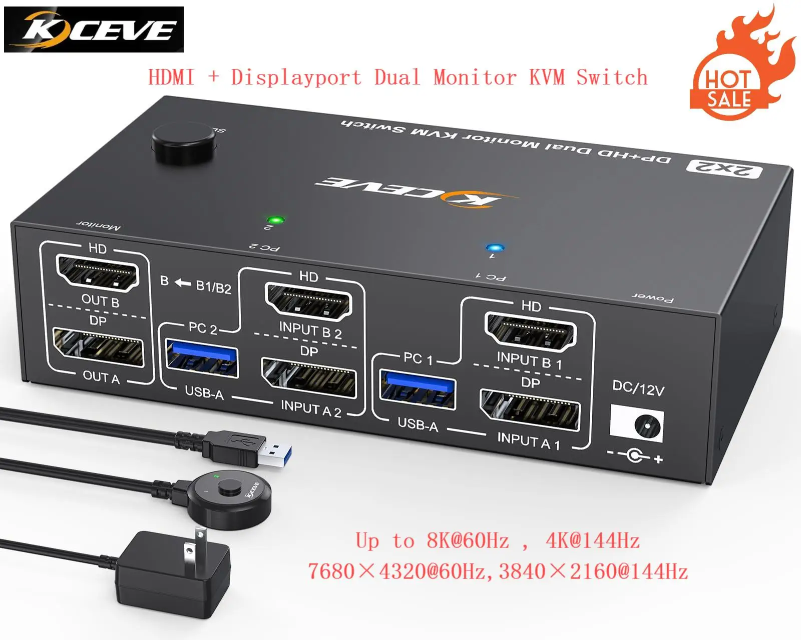 Фото Кастомный KVM-переключатель 4K 144 Гц для 2 мониторов и 2 компьютеров, 8K 60 Гц KCEVE HDMI DisplayPort Dual Monitor KVM с 4 портами USB 3.0 в подарок №3