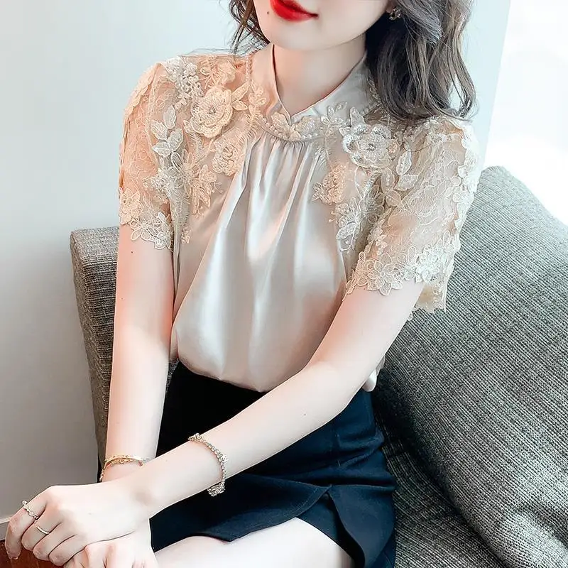 

Женская шифоновая блузка с коротким рукавом, кружевная однотонная блузка с вышивкой из бисера и короткими рукавами, лето 2022