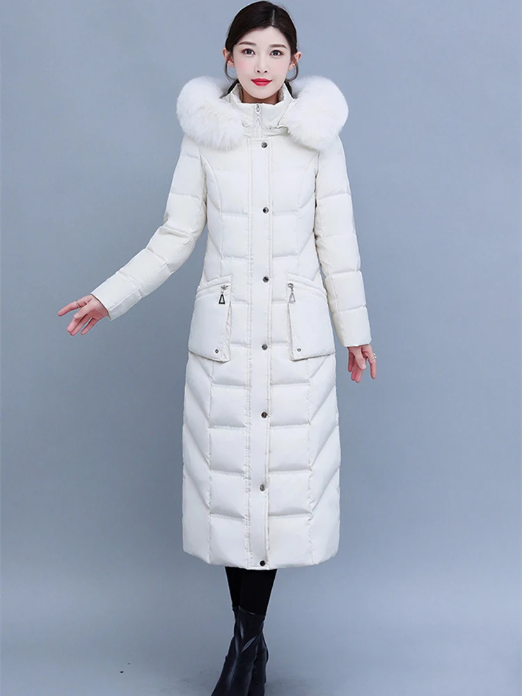 New Women Long Down Coat Winter Fashion Detachable Real Fox Fur Collar Thicken Warm White Duck Down Jacket Slim Hooded Overcoat