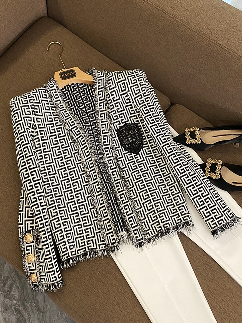 

N GIRLS Spring/Summer Beaded Badge Cardigan Top Fashion Tweed Ladies Fragrance Fringe Jacket Women