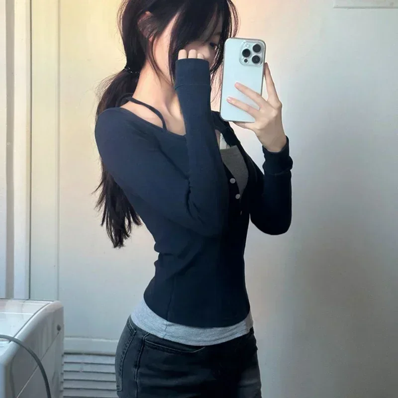 Y2K Fake Two Piece T-Shirt Women Fashion Patchwork Aesthetic Crop Tops Female Spring Summer Slim Fit Long Sleeve Tees