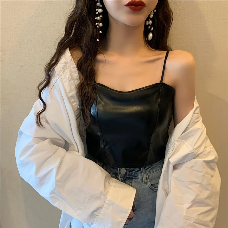 

Summer PU Leather Stretch Vest Sexy Camisole Top With Chest Pad Women's Tank Top