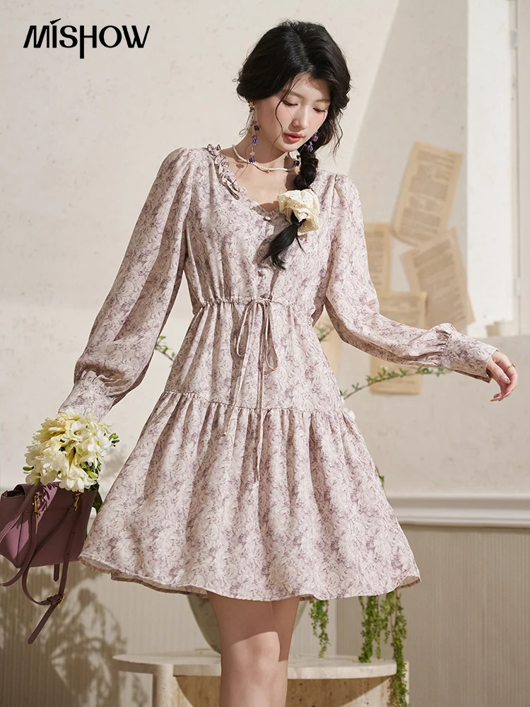 MISHOW платье с v-образным вырезом и длинными рукавами цветочным принтом для женщин