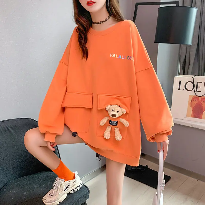 

DAYIFUN 2022 Spring Autumn Letter Printing Bear Patchwork O-neck Puff Sleeves Pullover Hoodies Loose Fashion High Street Tops