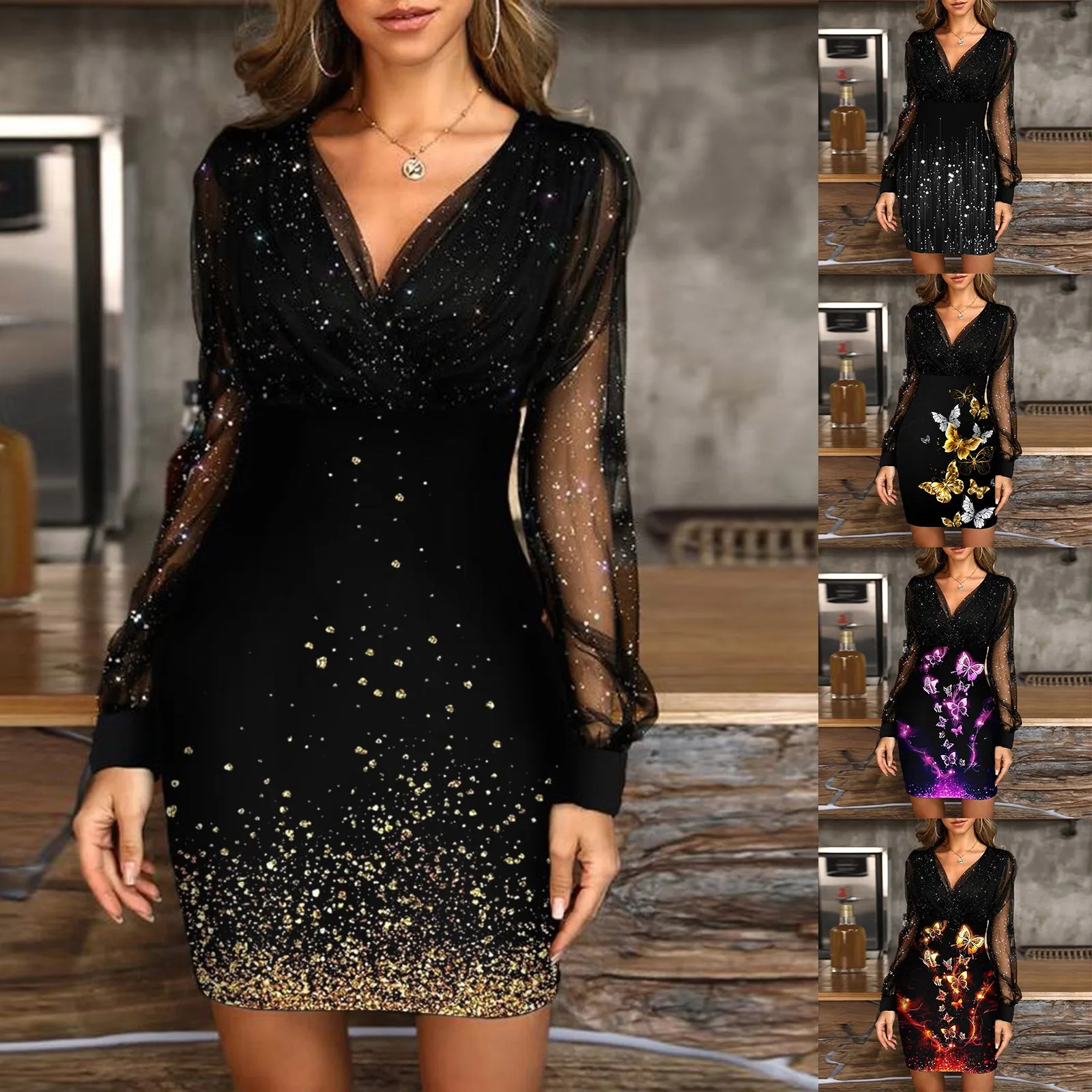 

Rose Color Dress for Small Women Women Fashion Dress Sequins Sexy V-neck Mesh Long Sleeves Sexy Slim Casual Dress for Juniors